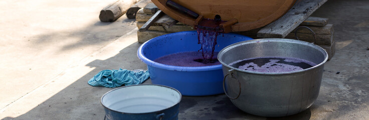 The winemaker pours grape juice for transportation into barrels.