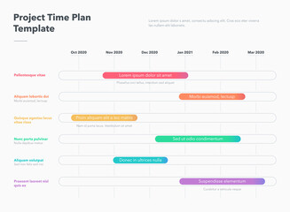 Modern business project time plan template with colorful project tasks in time intervals. Easy to use for your website or presentation.