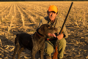 Pheasant hunter with a gun and dogs against the backdrop of a dramatic sunset.