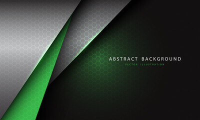 Obraz premium Abstract green silver grey metallic triangle overlap hexagon mesh light with simple text on blank space design modern futuristic background vector illustration.