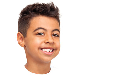 Close up image of handsome emotional black little boy wearing white t-shirt having fun, laughing out loud