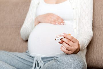 Pregnant woman with cigarette at home. mother smoking concept