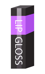 Lip gloss package isolated at white. 3d icon with black and violet colors and text. Cosmetics concept. Tool or instrument, equipment for visagiste. Packaging design of lip gloss. Simple icon