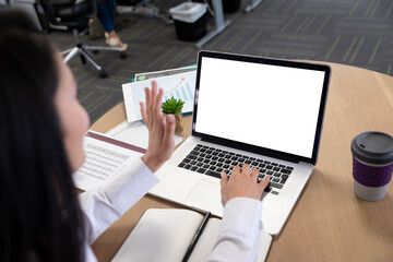 Fototapeta na wymiar Businesswoman using laptop at modern office