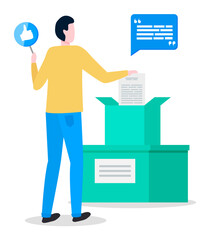 Feedback of customers or users to author, young man with like sign, social network, boxes with post, postal letters, analysing consumer demands, dialogue bubble, comments of audience, parcels