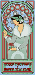 Art Nouveau Santa girl card Happy New year, vector illustration