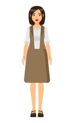 Isolated cartoon character businesswoman wearing stylish brown dress, blouse, shoes. Business lady style. Dresscode of office worker. Brown-haired girl with red lips and bob hairstyle. Simple portrait