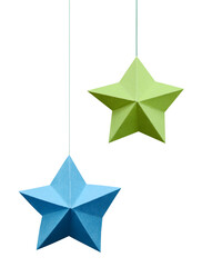 A paper origami star hanging isolated white