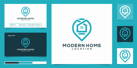 Obraz premium Home location logo with line art and business card design. pin, map, location, home, house