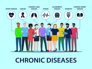 Group of people with chronic diseases risk. Chronic illness vector illustration.