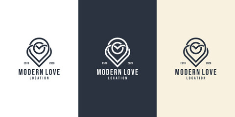 Creative love location logo with heart and map marker. Vector design template