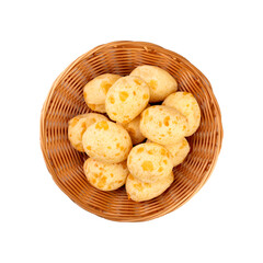 Typical brazilian cheese buns in a basket isolated over white background