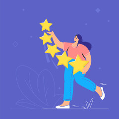 Customer review and user rating five stars. Flat teenage woman walking alone and holding five yellow stars to rate a service or goods. Customer feedback and high rating template on blue background