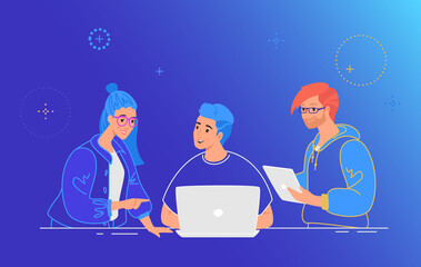 Three guys working as a team on a new project or startup. Flat line vector illustration of people with laptop and digital tablet discussing the project at work desk. Teamwork on gradient background