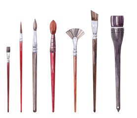 A set of brushes on the handle of different shapes and sizes. Watercolor on a white background.