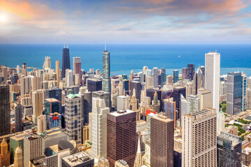 Downtown chicago skyline at sunset Illinois in USA