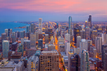 Downtown chicago skyline at sunset Illinois in USA