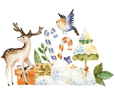 Watercolor greeting card with Christmas deer, spruce branches and gifts. Winter festive illustration for your design.