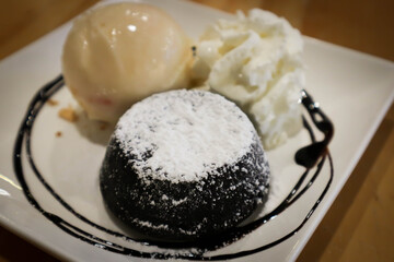 chocolate cake or chocolate lava cake with ice cream