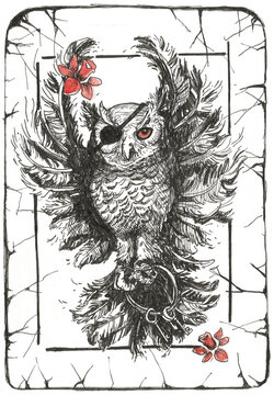 Wild owl. Graphic image of a wild owl with keys for decoration and Tattu. Graphic image of a wild owl, a symbol of wisdom for decorating  things.