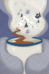 Winter illustration of a person holding a hot chocolate cup with a village inside the steam. Close up of coffee mug and mittens, digitally hand-painted. For cards and winter designs