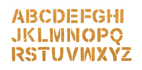 Golden alphabet made of glitter isolated on white