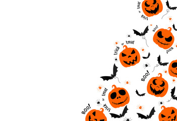 Halloween party banner , scary pumpkin face , bat,spider,  on white   background, text boo, trick or treat, space for text ,sale banner template ,website, poster, vector illustration