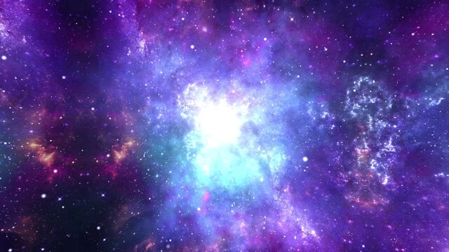 4L Loop Animation of flying through the stars and Orion nebulas Galaxy. Clouds and gas in space. Universe galaxy. Purple celestial nebula, star field in deep outer space. Science, astronomy.