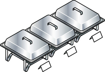 Three stainless steel buffet food warmers/serving trays with matching label cards.