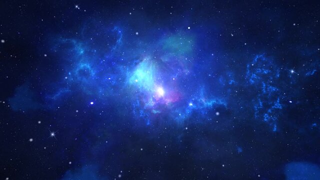 dark Blue Traveling through star fields in space as a supernova bursts light 4K 3D Loop Animation New Motion Background. Science, astronomy, Nebula, Dust particles Clouds.