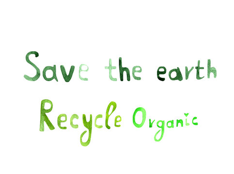Save the earth,recycle,organic sign,tree,bicycle watercolor isolated on white background.