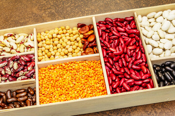 Set of various dry legumes in wooden box as indispensable protein for a healthy life