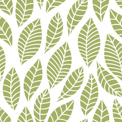 Seamless green abstract tangerine lemon leaves vector pattern. Natural simple background on white. Hand drawn leaves	