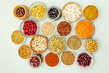 Assorted different types of beans and cereals grains