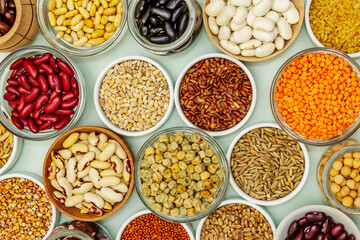 Assorted different types of beans and cereals grains