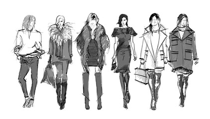 Fototapeta premium Beautiful young women in modern style.. Hand drawn stylish woman portrait. Fashion lady. Festive outfit. Sketch. Fashion model posing in dress. Hand drawn fashion woman.