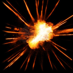 Explosive bomb in mid-air on black background. destructive fireball with debris and fragments flying away from center. 3D render - obrazy, fototapety, plakaty