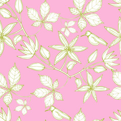 vector illustration seamless pattern from garden flowers,leaves and small birds on a delicate pink background