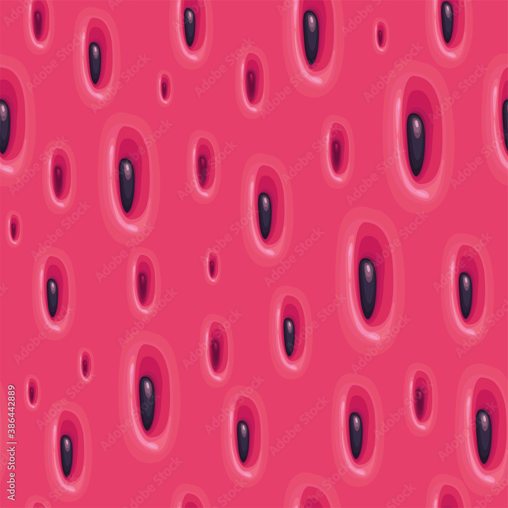Poster watermelon seamless pattern. a repeating fruit pattern with black seeds on a pink background. vector