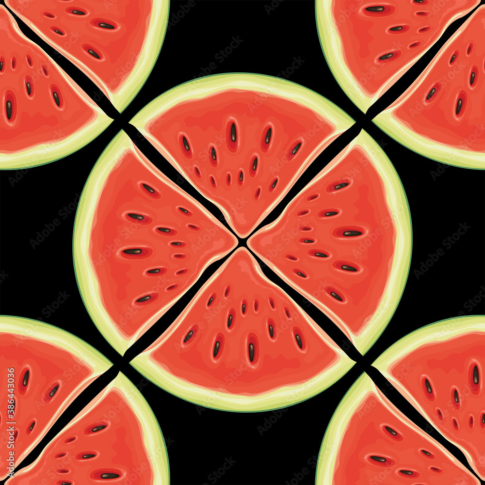Aufkleber fruit seamless pattern with red sweet watermelon slices on a black backdrop. vector background with 