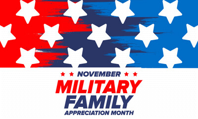 National Military Family Month in United States. Celebrate annual in November. Thank you for military family. Patriotic american elements. Poster, card, banner, background. Vector illustration