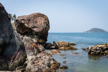 View of the rocky shore of the Indian ocean