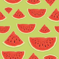 Fruit seamless pattern with appetizing slices of a red sweet watermelon on a light green backdrop. Vector background with the ripe juicy watermelon, suitable for wallpaper, wrapping paper, textile