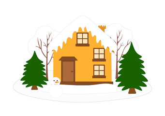 Winter landscape house with Christmas trees and snowman vector illustration.