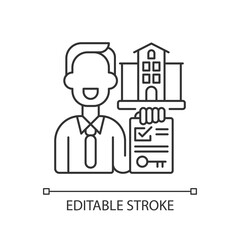 Realtor pixel perfect linear icon. Real estate agent. Business contract. Invest money in realty. Thin line customizable illustration. Contour symbol. Vector isolated outline drawing. Editable stroke