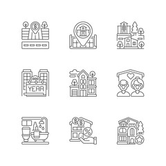 House services pixel perfect linear icons set. Empty lot for sale. Home position on map. Customizable thin line contour symbols. Isolated vector outline illustrations. Editable stroke