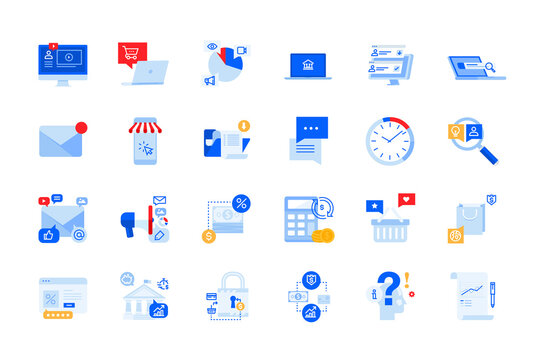 Modern flat design icons of online communication, internet advertising, e-commerce, e-banking. Vector concepts for website and app design and development, business presentation and marketing material.