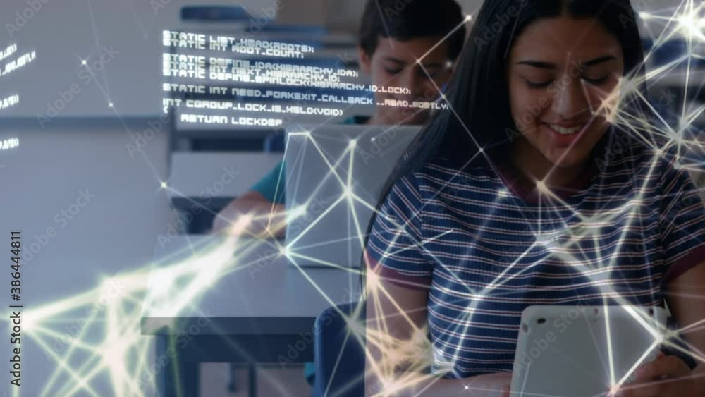 Poster network of connections and data processing against female student using laptop in class