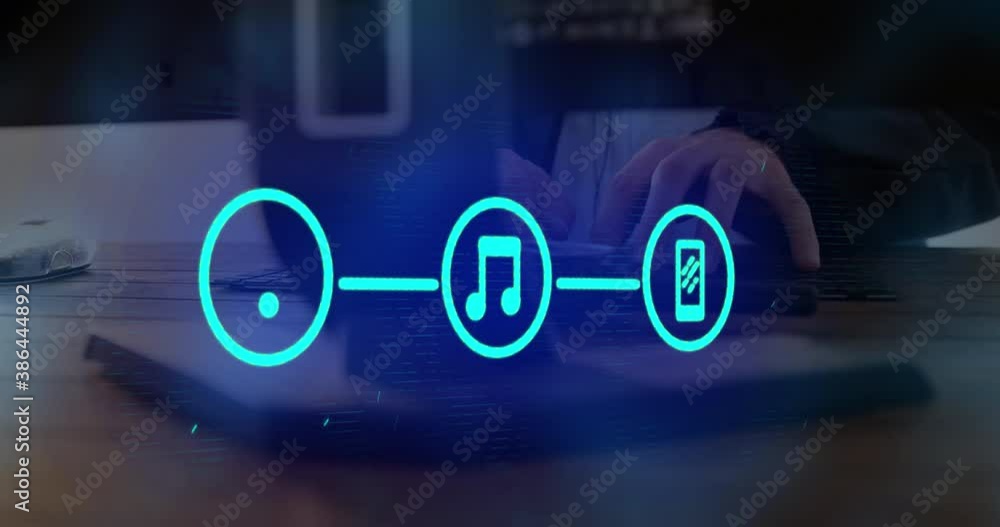 Poster network of connection icons against man using computer
