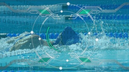 Scope and binary coding against female athlete swimming in the pool - Powered by Adobe